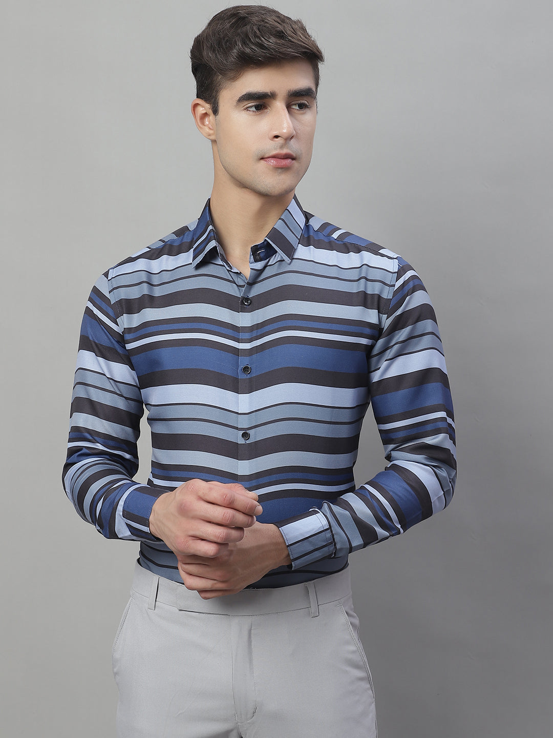 Jainish Men's Grey Classic Striped Formal Shirt - Grey - Distacart