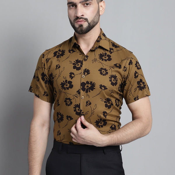 Jainish Men's Floral Printed Formal Shirt - Mustard - Distacart