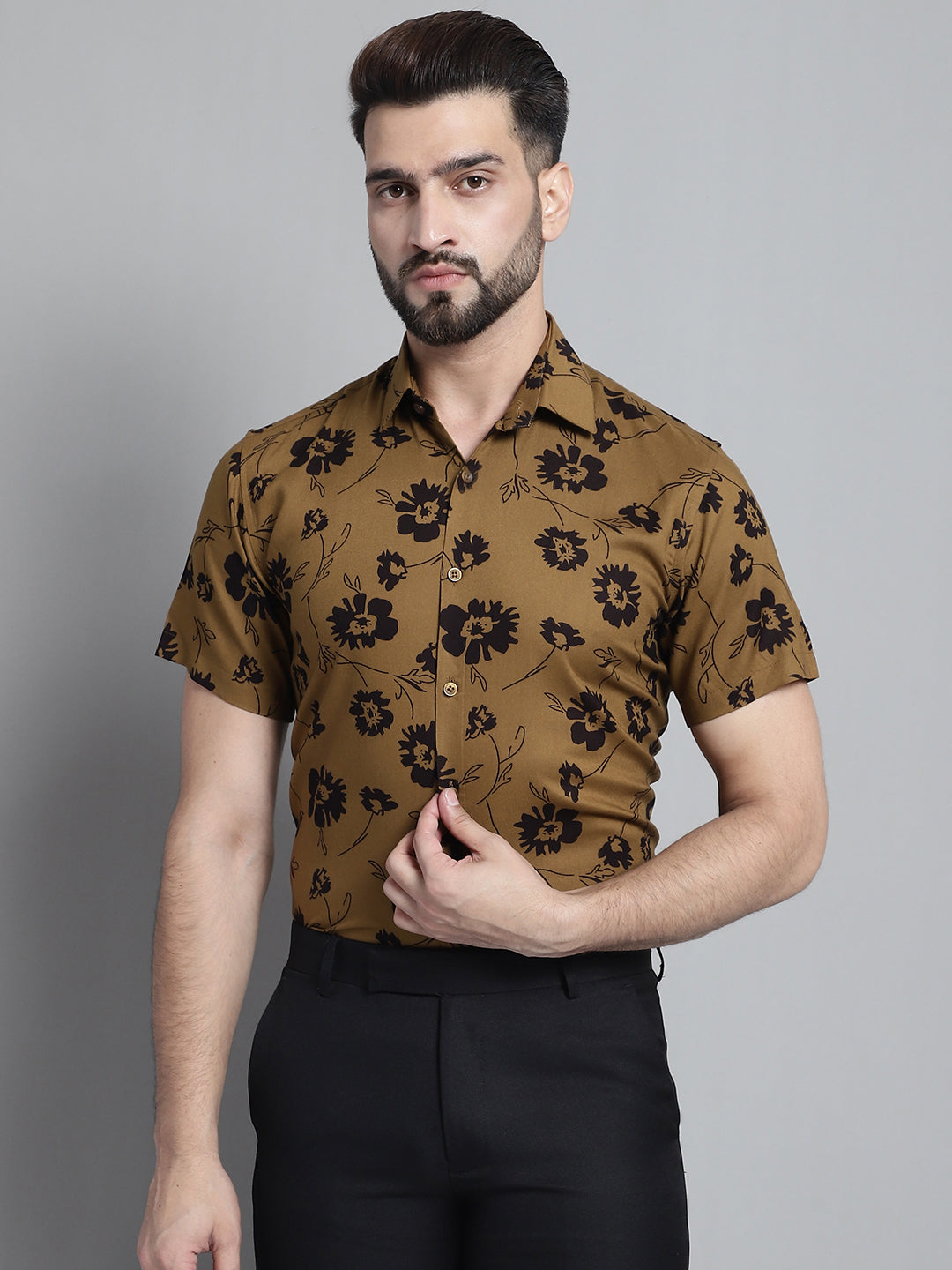 Jainish Men's Floral Printed Formal Shirt - Mustard - Distacart