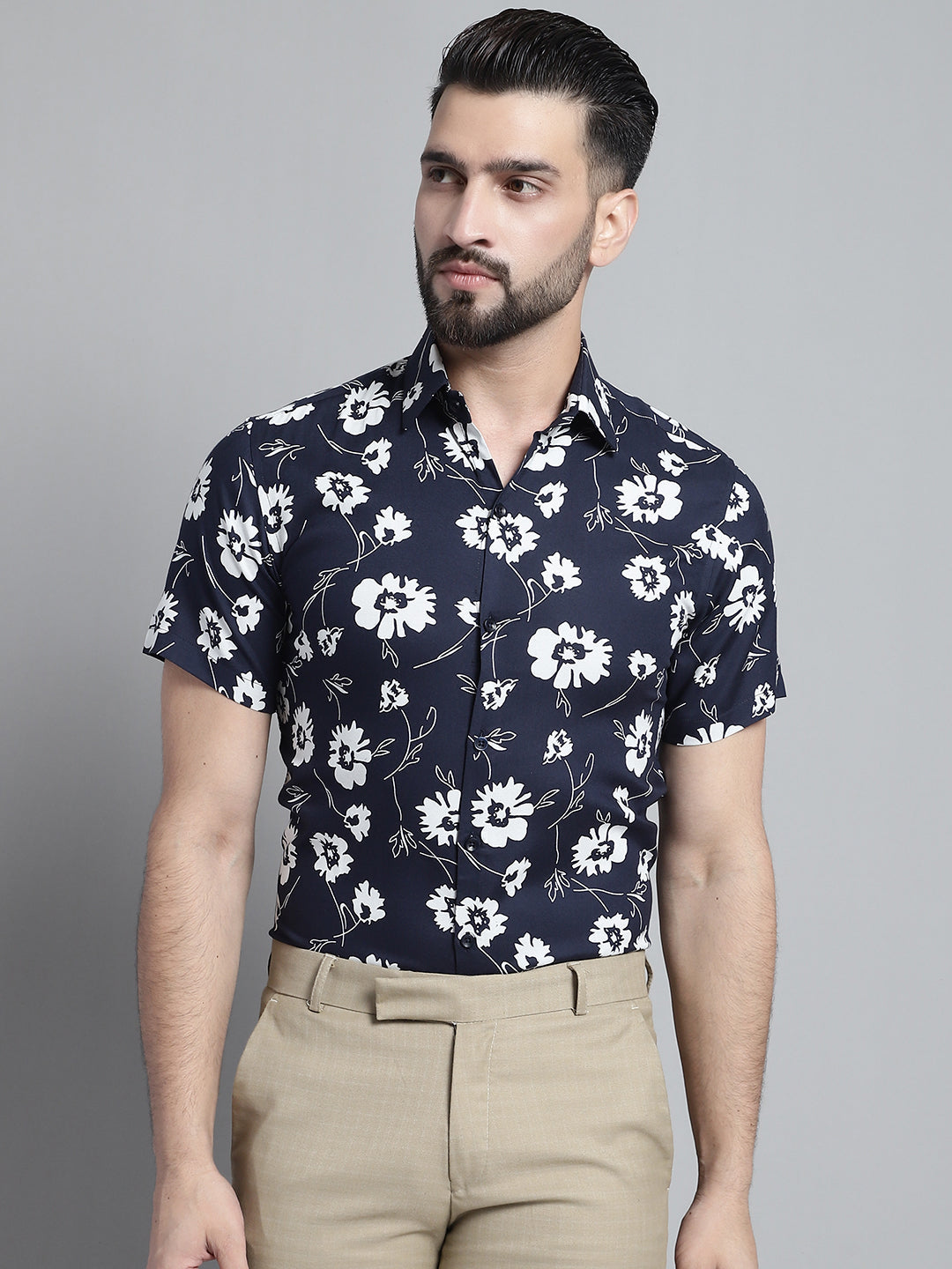 Jainish Men's Floral Printed Formal Shirt - Navy Blue - Distacart