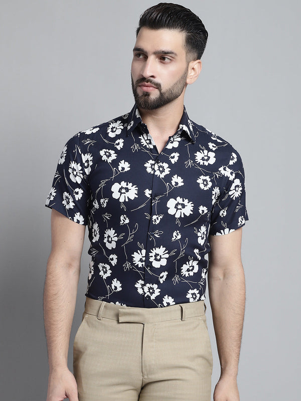 Jainish Men's Floral Printed Formal Shirt - Navy Blue - Distacart