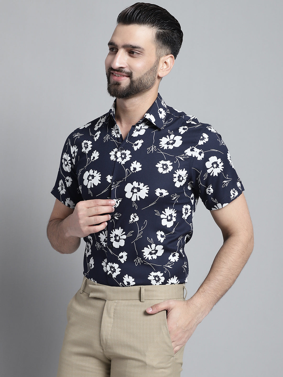 Jainish Men's Floral Printed Formal Shirt - Navy Blue - Distacart