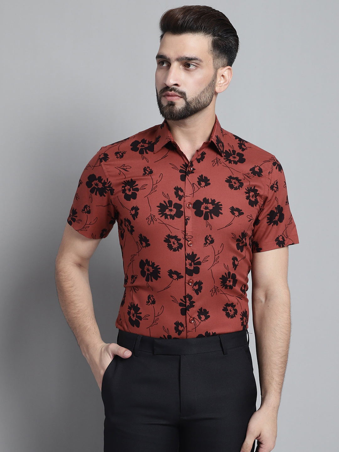 Jainish Men's Floral Printed Formal Shirt - Rust - Distacart