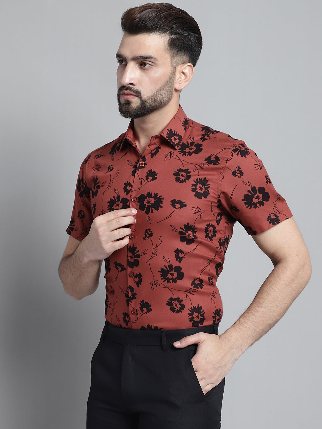 Jainish Men's Floral Printed Formal Shirt - Rust - Distacart