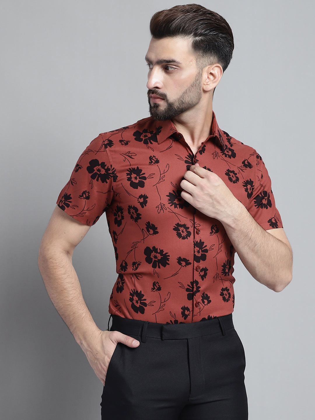 Jainish Men's Floral Printed Formal Shirt - Rust - Distacart