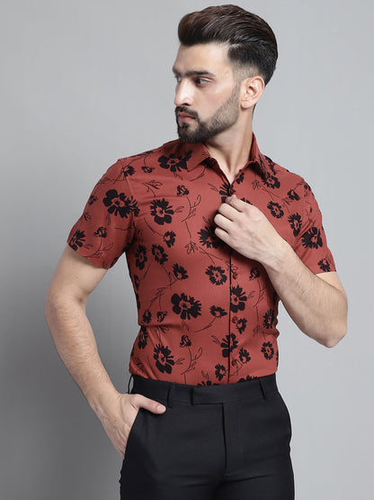 Jainish Men's Floral Printed Formal Shirt - Rust - Distacart