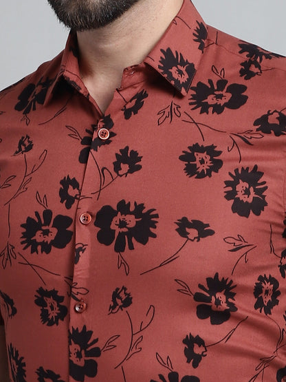 Jainish Men's Floral Printed Formal Shirt - Rust - Distacart