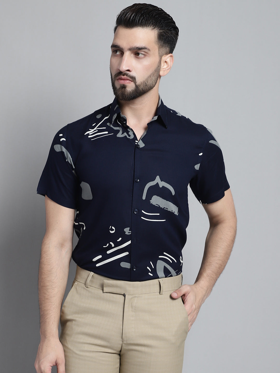 Jainish Men's Printed Formal Shirt - Navy Blue - Distacart