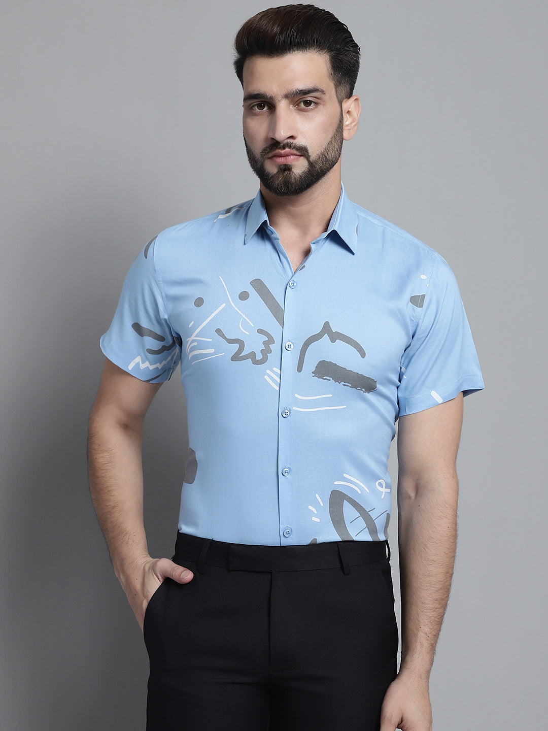 Jainish Men's Printed Formal Shirt - Sky Blue - Distacart
