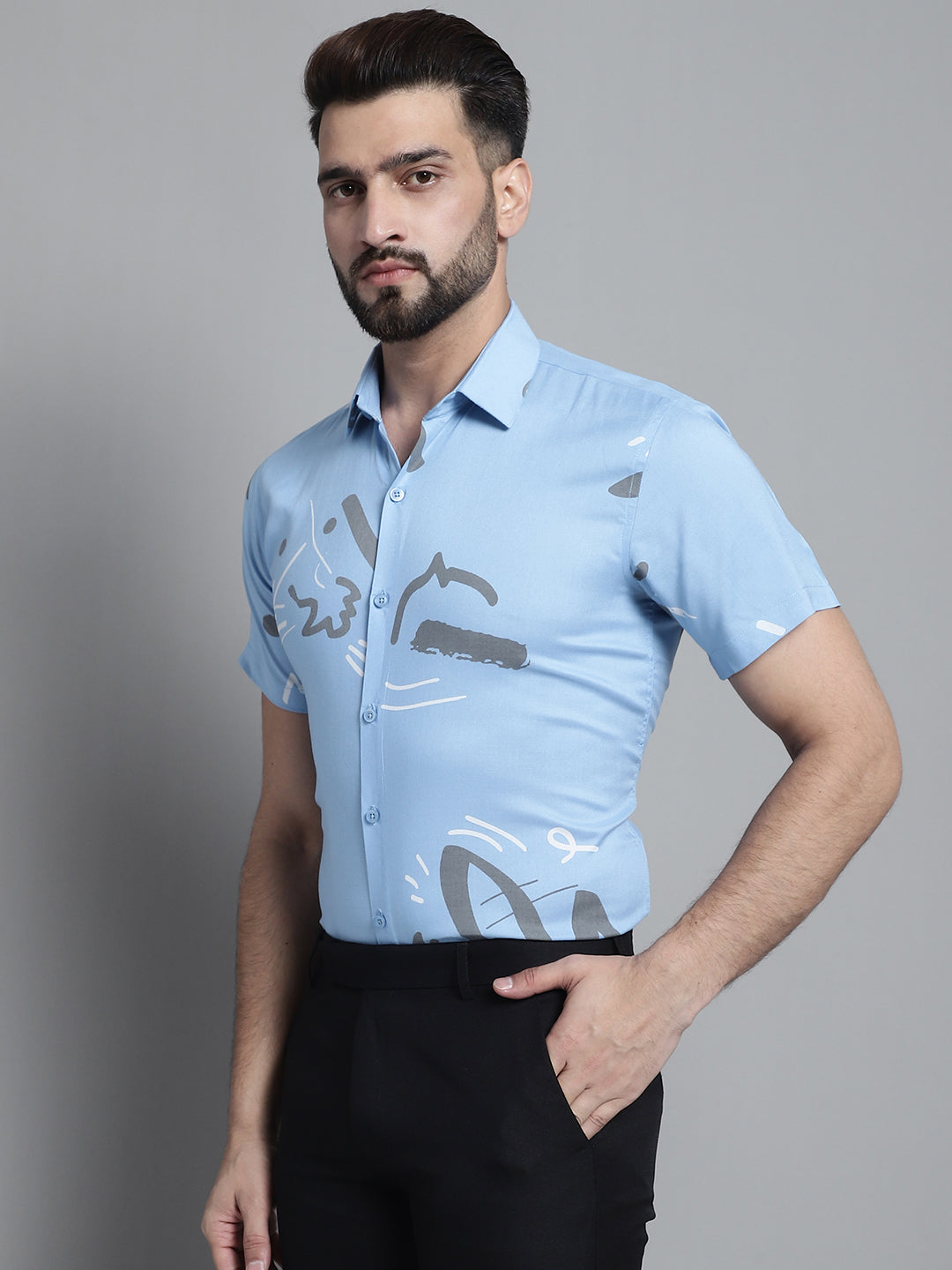Jainish Men's Printed Formal Shirt - Sky Blue - Distacart