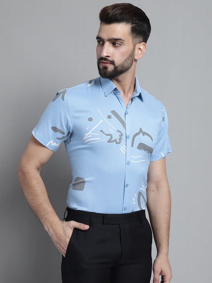 Jainish Men's Printed Formal Shirt - Sky Blue - Distacart