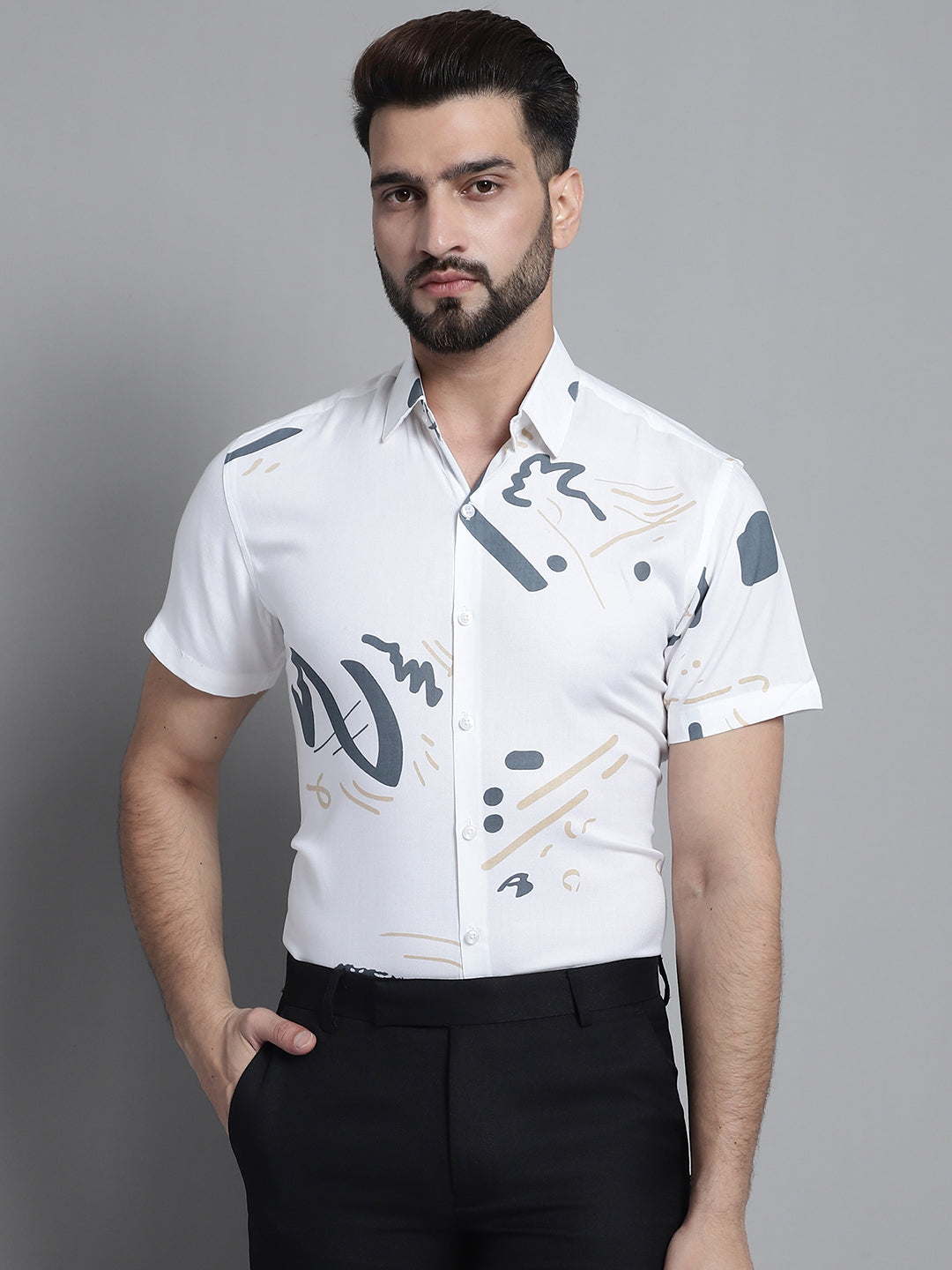 Jainish Men's Printed Formal Shirt - White - Distacart