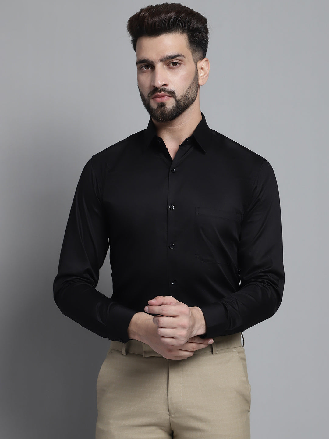 Jainish Men's Cotton Solid Formal Shirt - Black - Distacart
