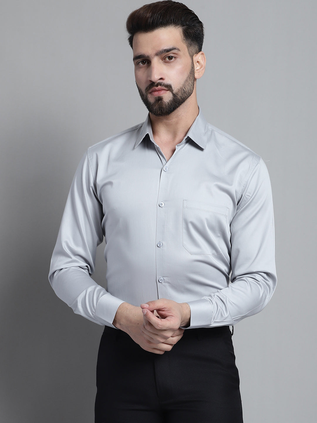 Jainish Men's Cotton Solid Formal Shirt - Light-Grey - Distacart