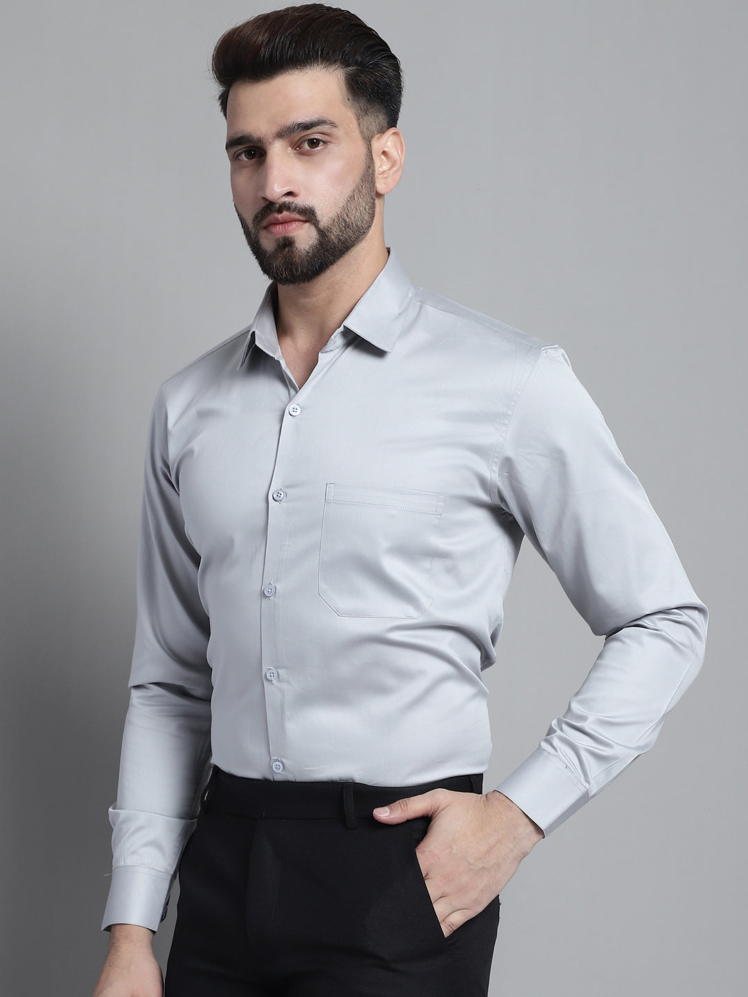 Jainish Men's Cotton Solid Formal Shirt - Light-Grey - Distacart
