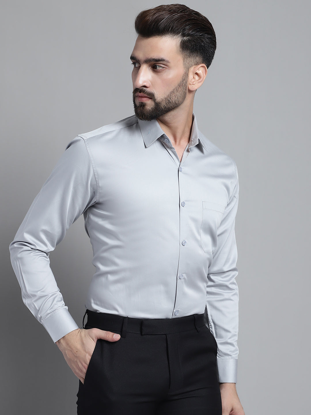 Jainish Men's Cotton Solid Formal Shirt - Light-Grey - Distacart