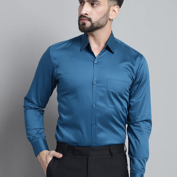 Jainish Men's Cotton Solid Formal Shirt - Peacock - Distacart