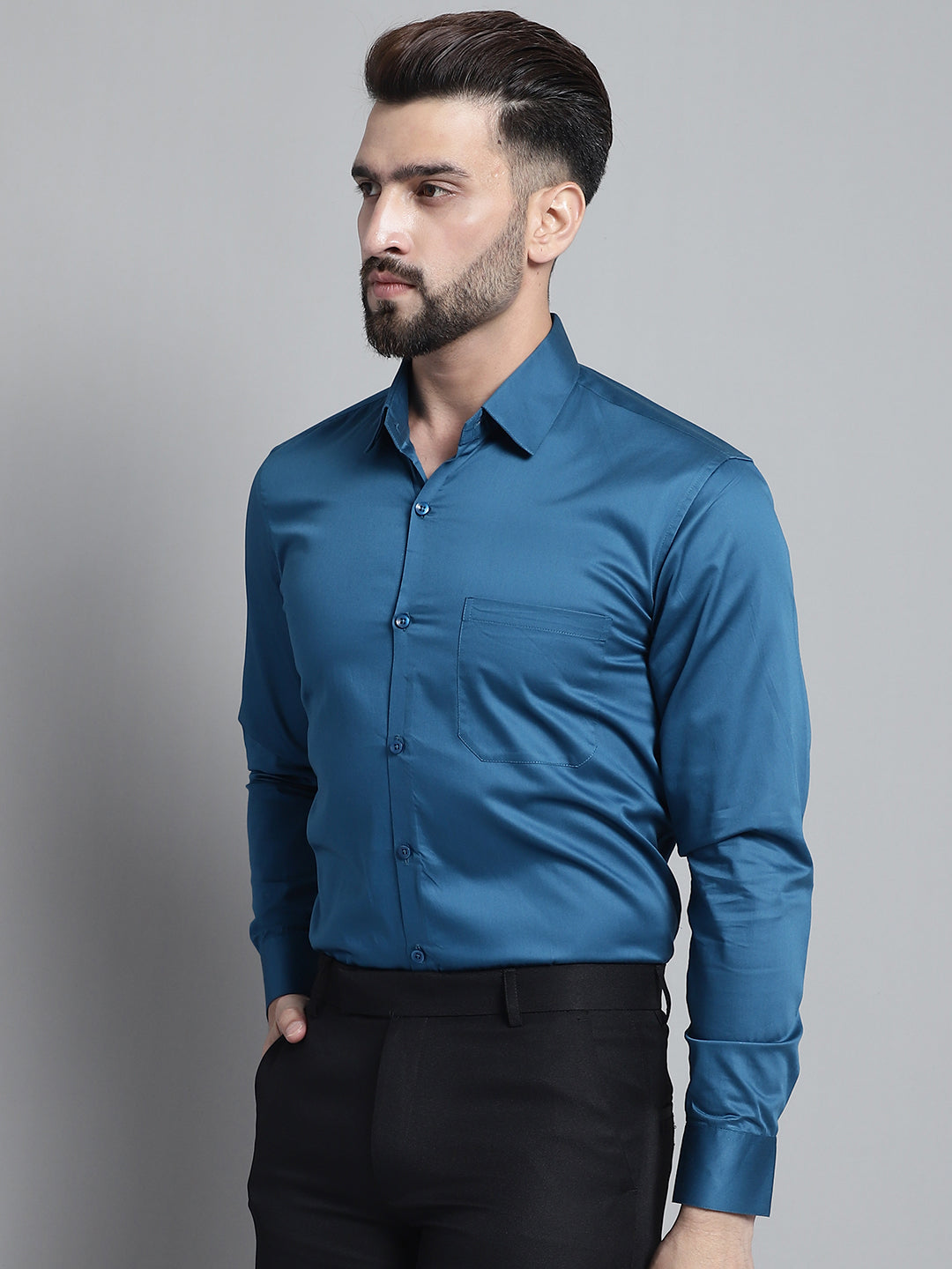 Jainish Men's Cotton Solid Formal Shirt - Peacock - Distacart