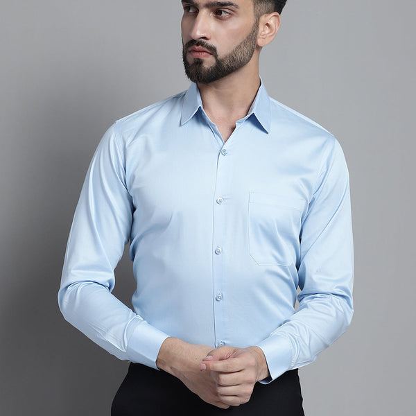 Jainish Men's Cotton Solid Formal Shirt - Sky Blue - Distacart