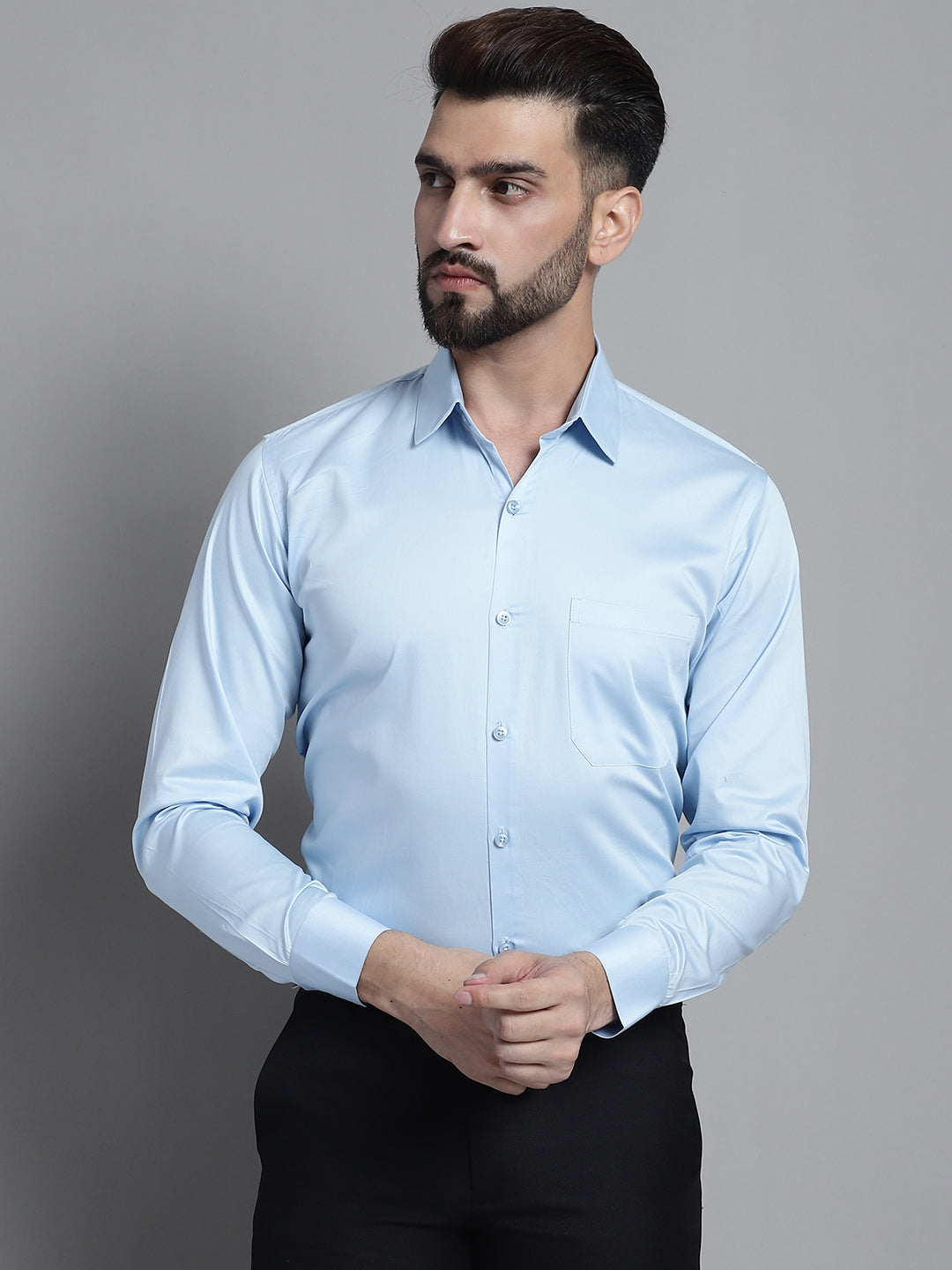 Jainish Men's Cotton Solid Formal Shirt - Sky Blue - Distacart