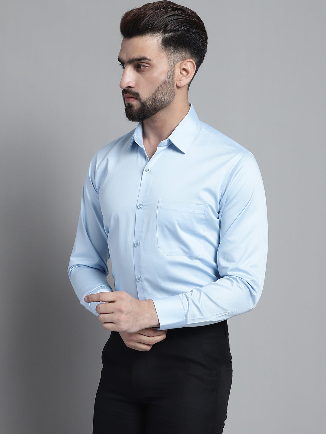 Jainish Men's Cotton Solid Formal Shirt - Sky Blue - Distacart