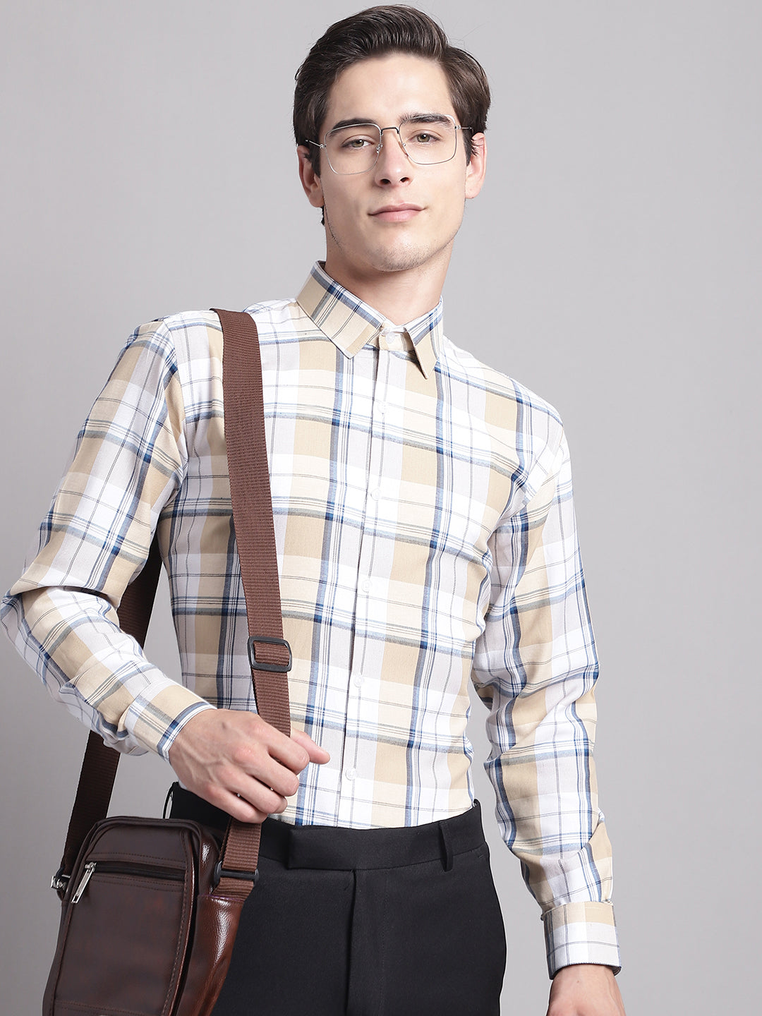 Jainish Men's Yellow Checked Ragular Fit Formal Shirt - Cream - Distacart