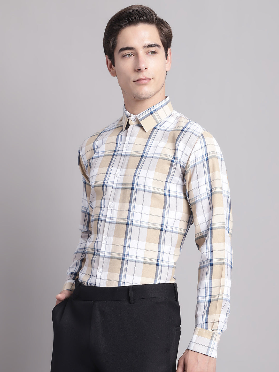 Jainish Men's Yellow Checked Ragular Fit Formal Shirt - Cream - Distacart