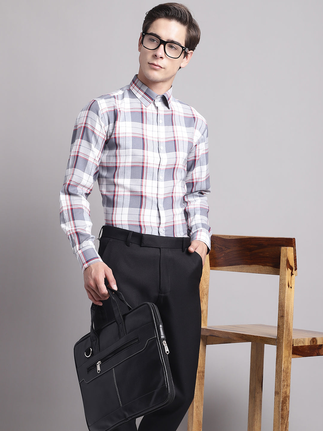 Jainish Men's Grey Checked Ragular Fit Formal Shirt - Grey - Distacart