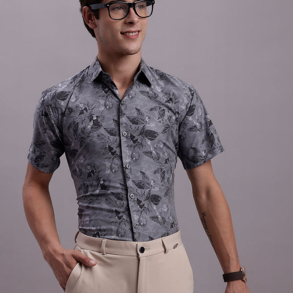 Jainish Men's Floral Printed Formal Shirt - Charcoal - Distacart