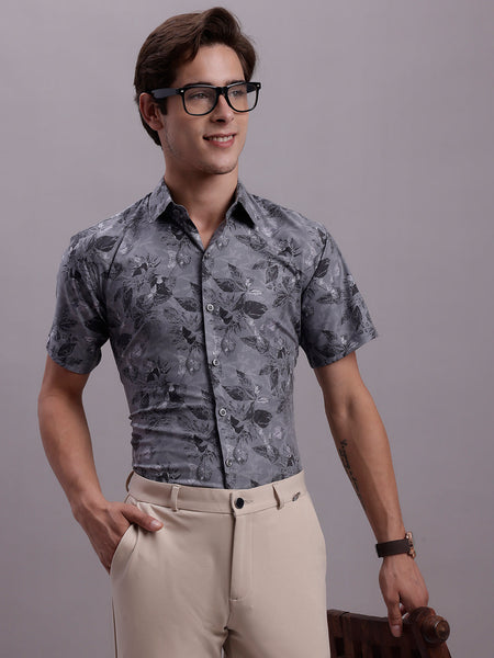 Jainish Men's Floral Printed Formal Shirt - Charcoal - Distacart
