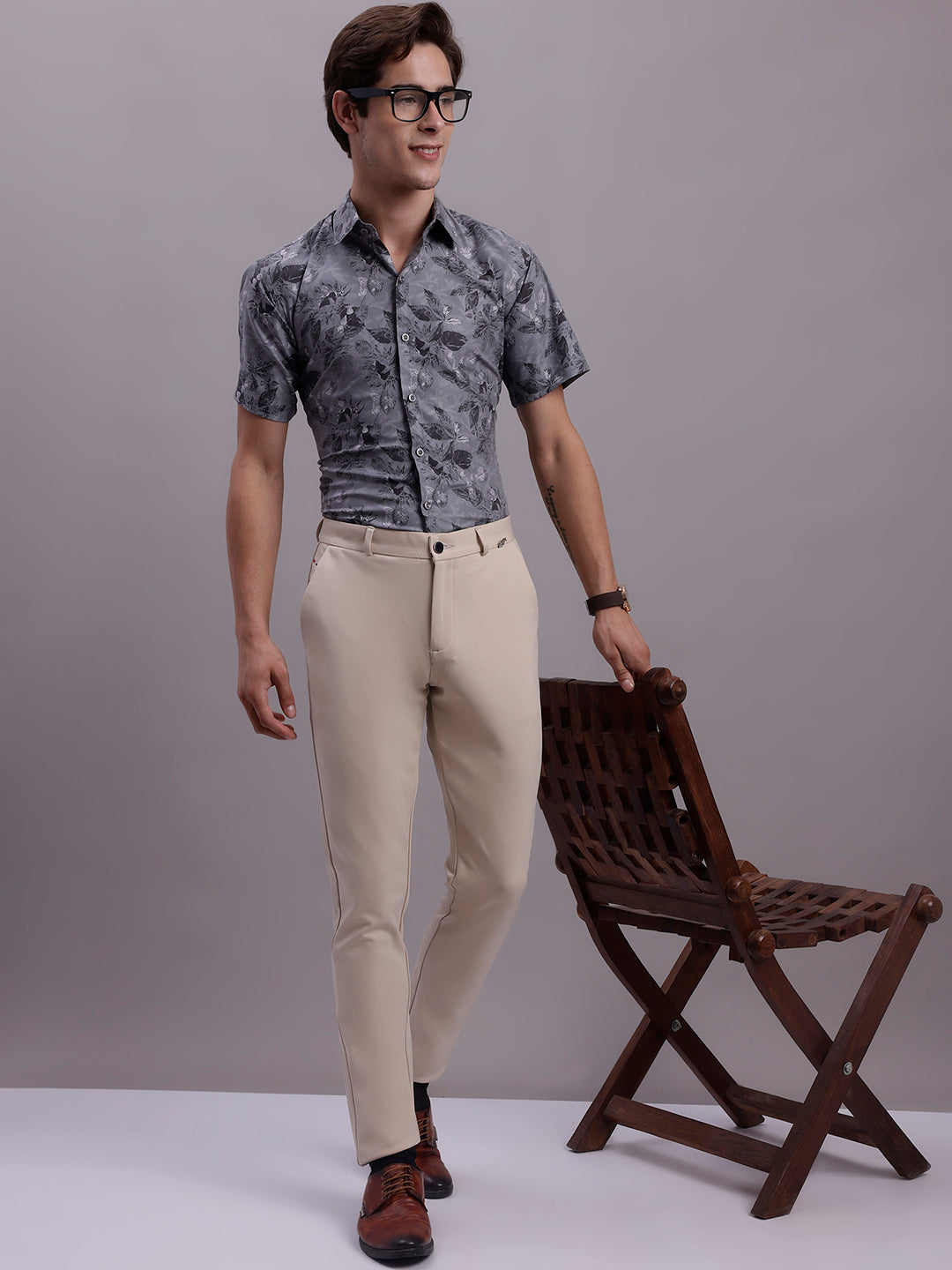 Jainish Men's Floral Printed Formal Shirt - Charcoal - Distacart