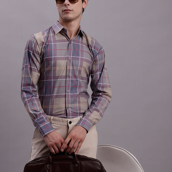 Jainish Men's Cotton Blend Checked Formal Shirt - Brown - Distacart