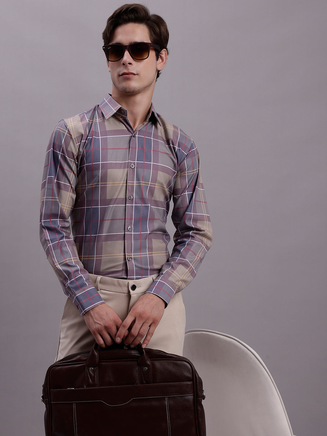 Jainish Men's Cotton Blend Checked Formal Shirt - Brown - Distacart