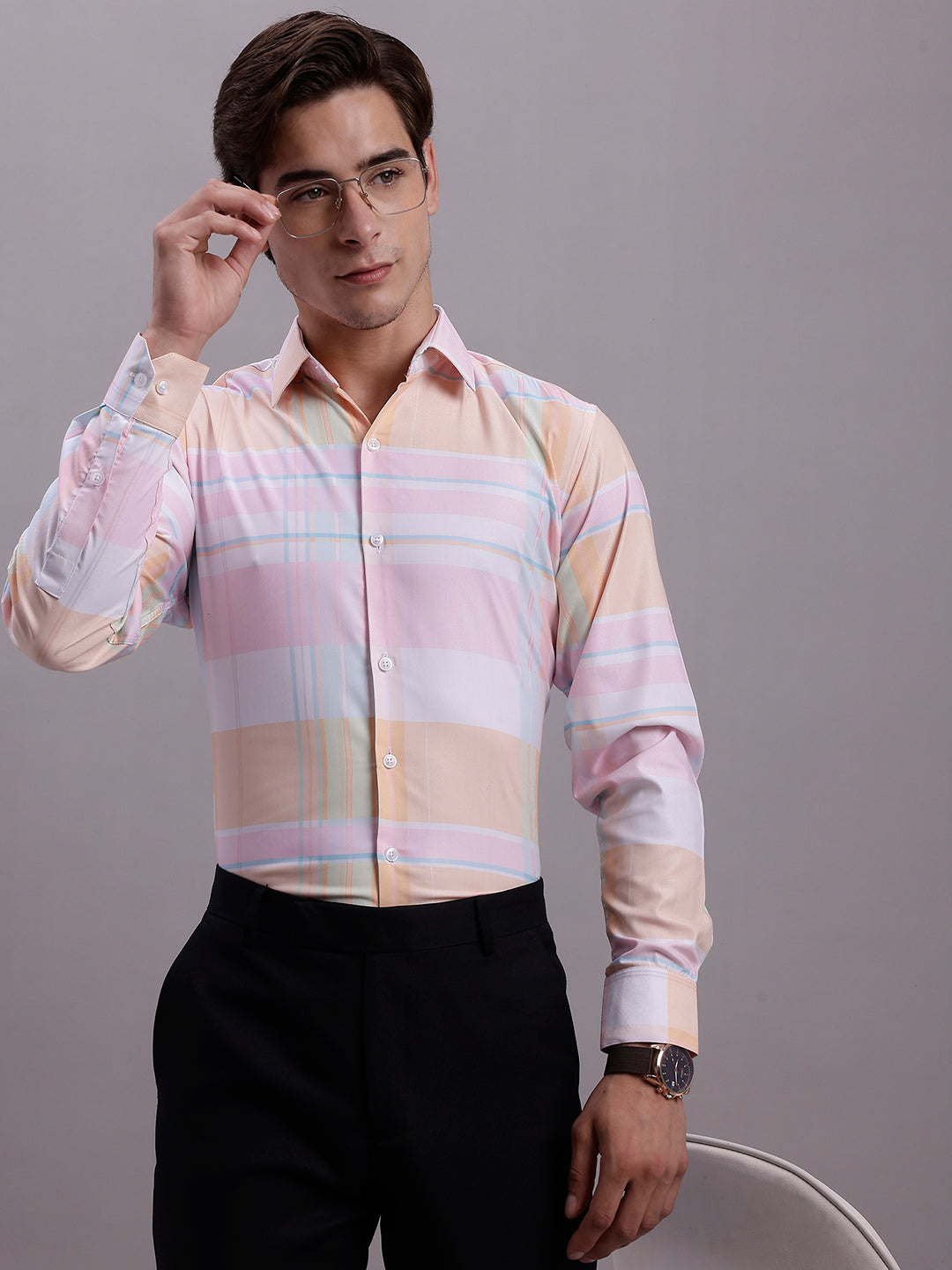 Jainish Men's Cotton Blend Checked Formal Shirt - Pink - Distacart