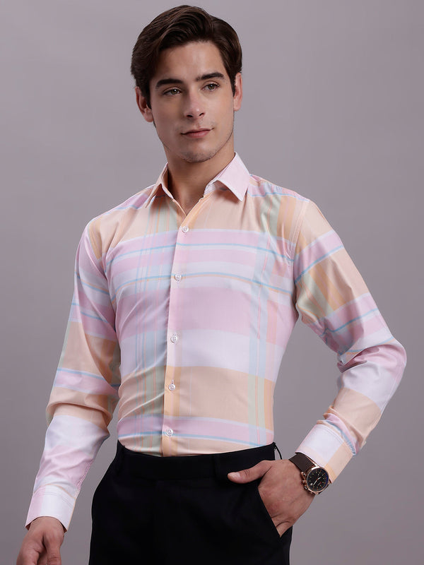 Jainish Men's Cotton Blend Checked Formal Shirt - Pink - Distacart