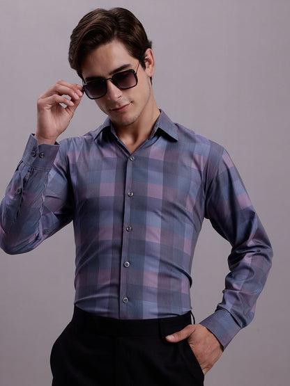 Jainish Men's Cotton Blend Checked Formal Shirt - Purple - Distacart
