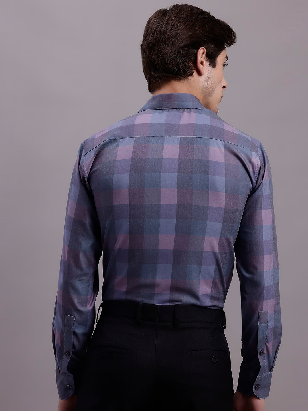 Jainish Men's Cotton Blend Checked Formal Shirt - Purple - Distacart