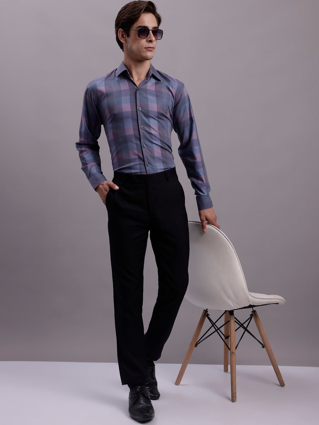 Jainish Men's Cotton Blend Checked Formal Shirt - Purple - Distacart