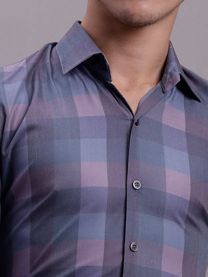Jainish Men's Cotton Blend Checked Formal Shirt - Purple - Distacart