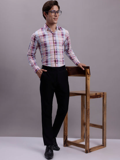 Jainish Men's Cotton Blend Checked Formal Shirt - Wine - Distacart