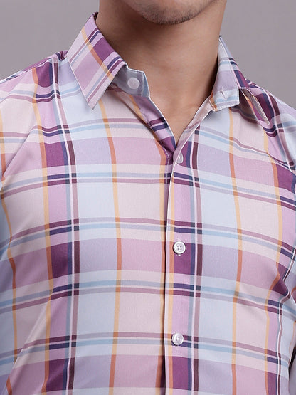 Jainish Men's Cotton Blend Checked Formal Shirt - Wine - Distacart
