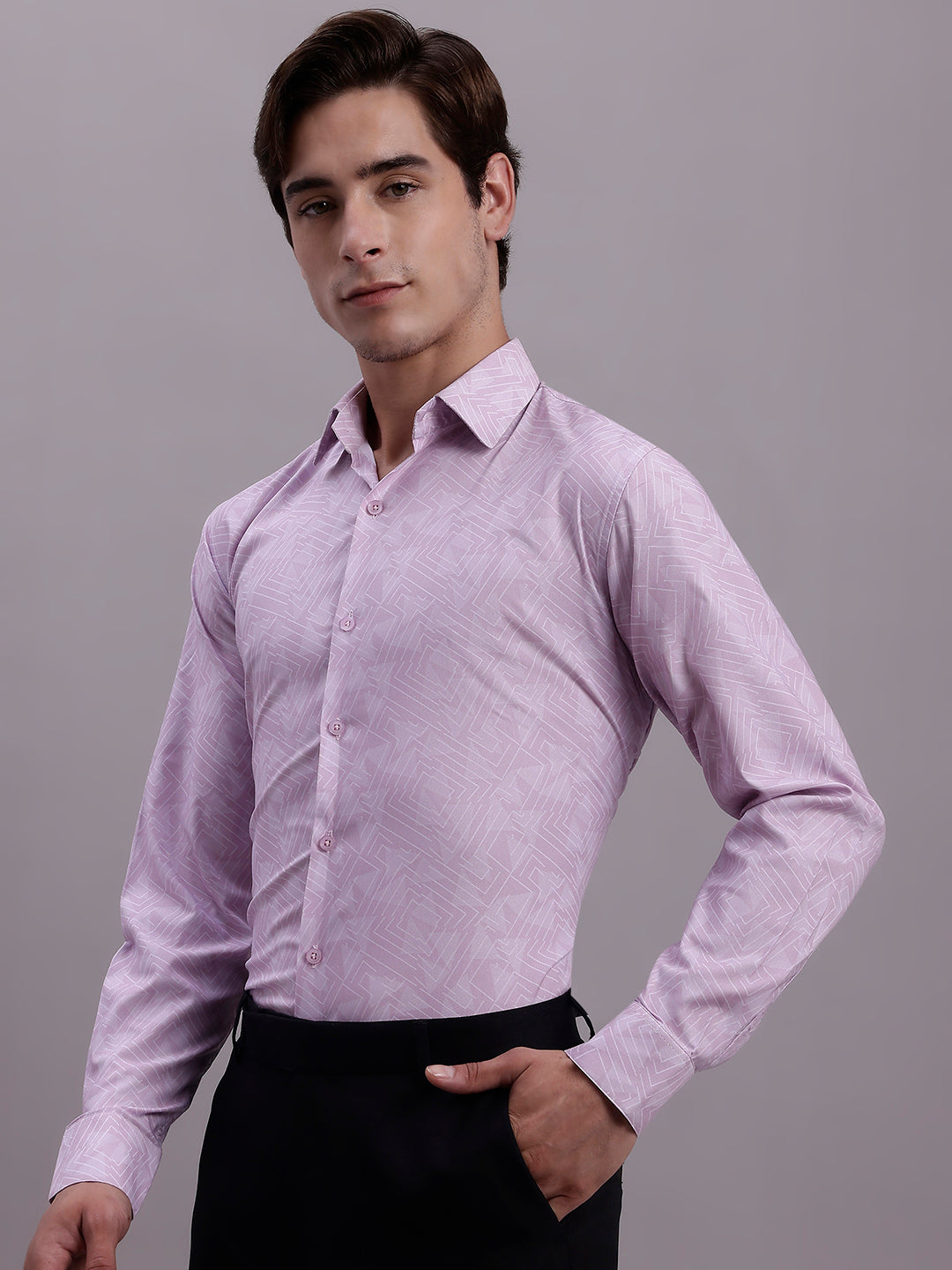 Jainish Men's Geomatric Printed Cotton Blend Formal Shirt - Light-Purple - Distacart