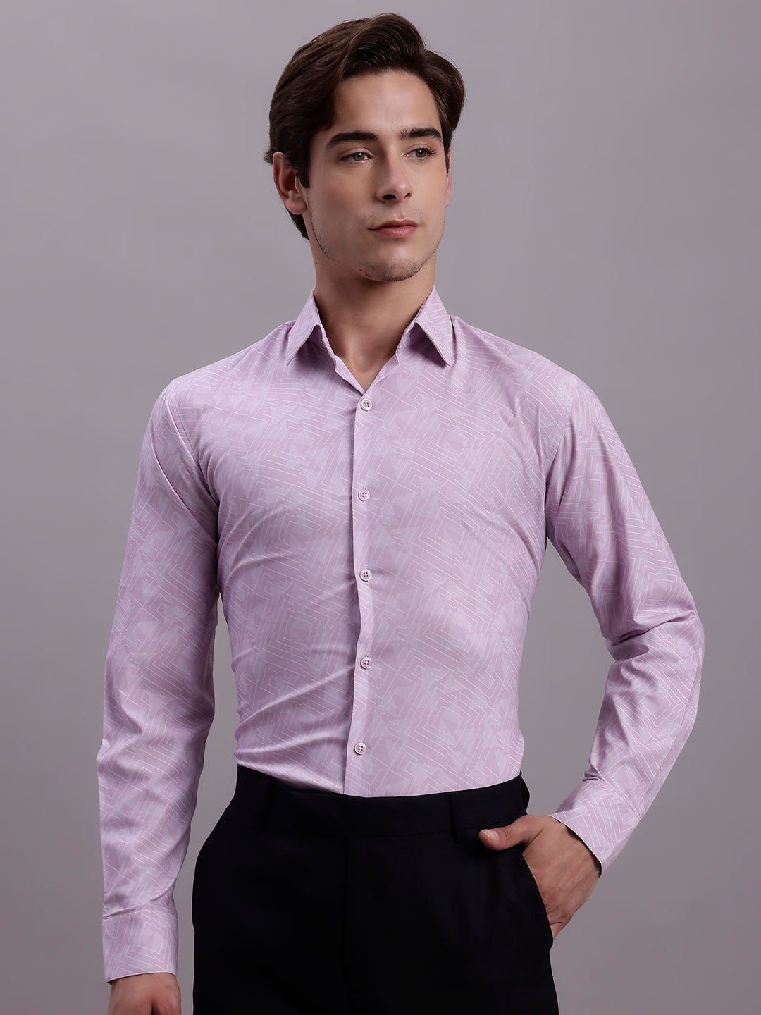 Jainish Men's Geomatric Printed Cotton Blend Formal Shirt - Light-Purple - Distacart