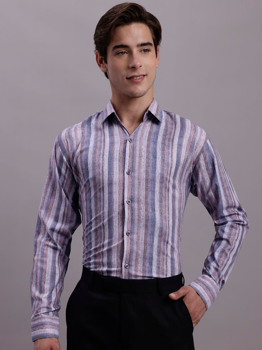 Jainish Men's Cotton Blend Striped Formal Shirt - Purple - Distacart