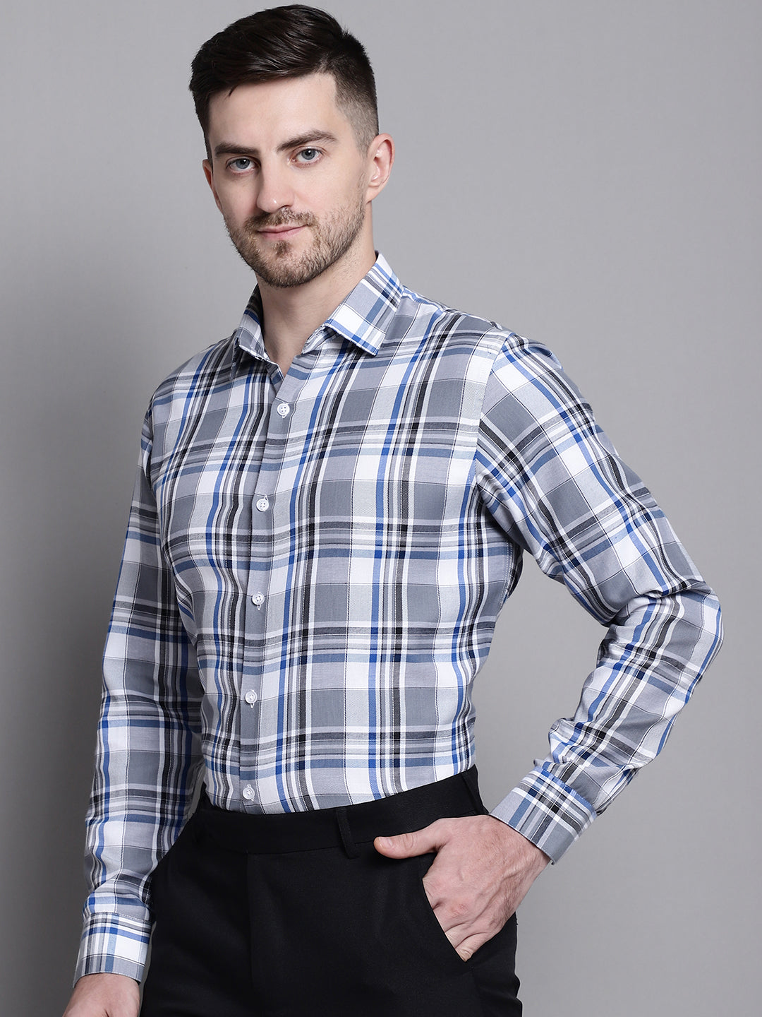Jainish Men's Classic Checks Formal Shirt - Grey - Distacart