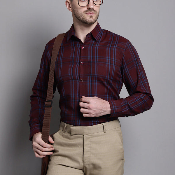 Jainish Men's Classic Checks Formal Shirt - Maroon - Distacart