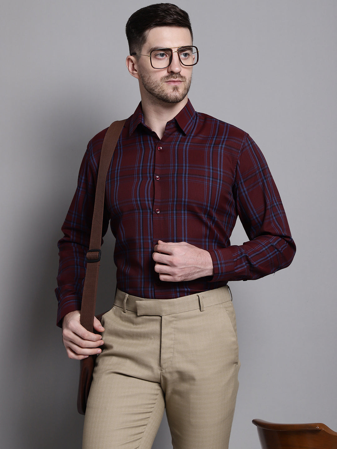 Jainish Men's Classic Checks Formal Shirt - Maroon - Distacart