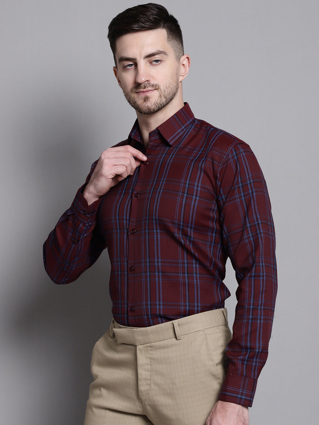 Jainish Men's Classic Checks Formal Shirt - Maroon - Distacart