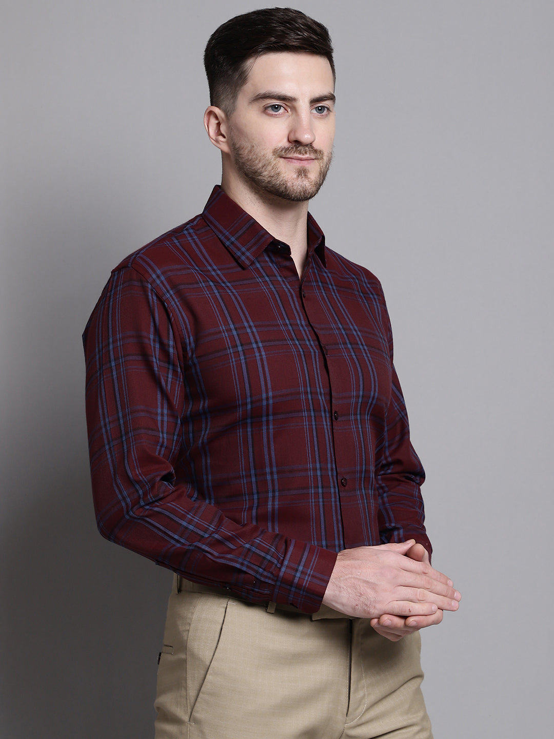 Jainish Men's Classic Checks Formal Shirt - Maroon - Distacart