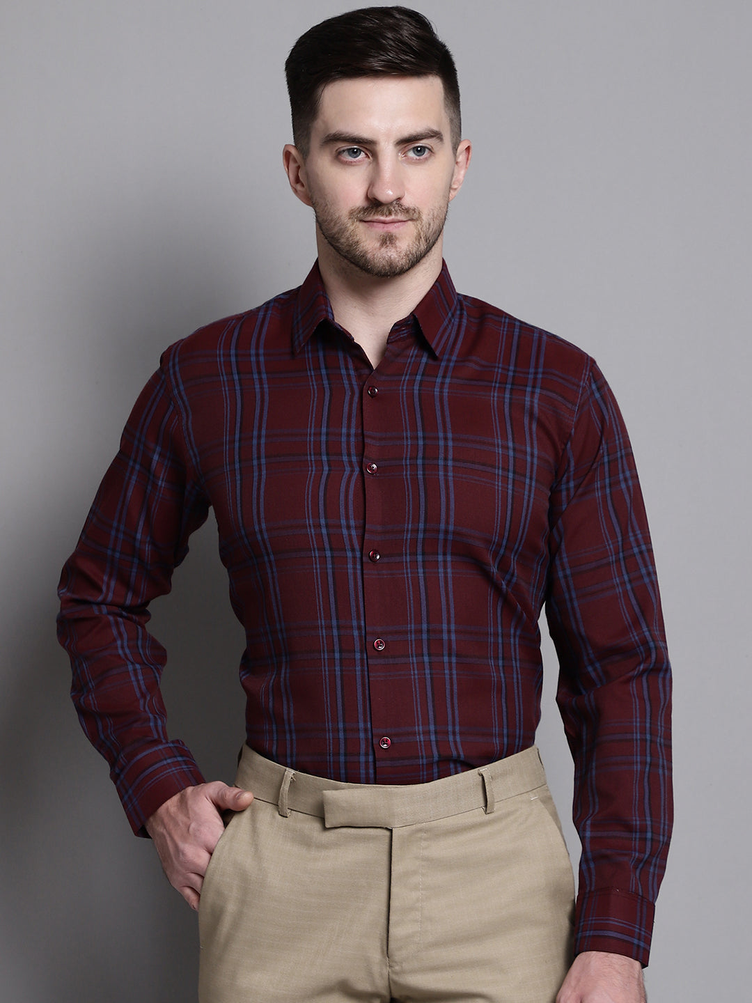 Jainish Men's Classic Checks Formal Shirt - Maroon - Distacart